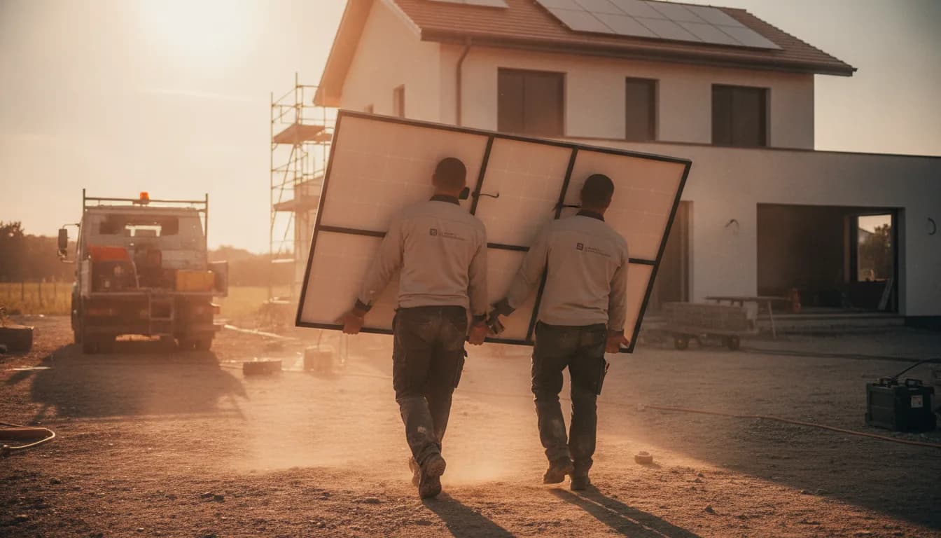 Deux installateurs Solaren portant un panneau photovoltaïque sur un chantier, vus de dos