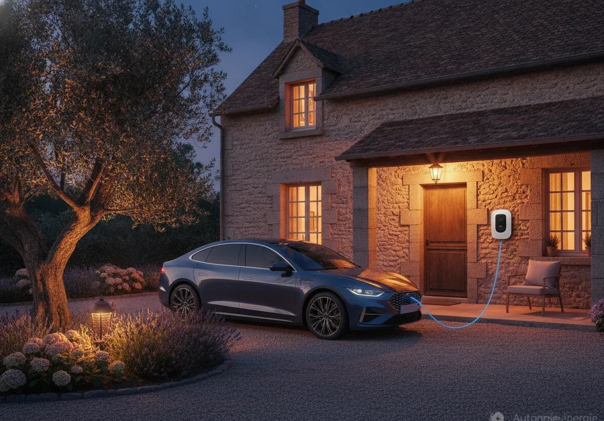 Véhicule électrique en charge au crépuscule grâce à l'énergie solaire