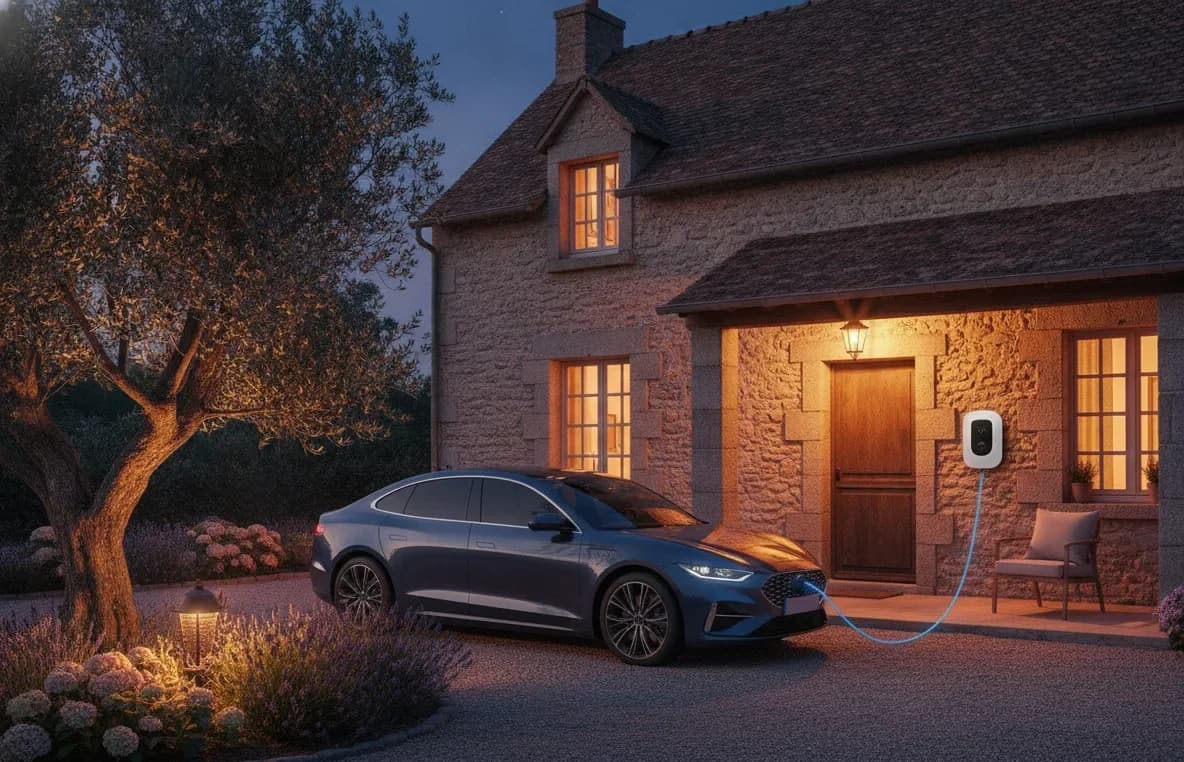 Véhicule électrique en charge au crépuscule grâce à l'énergie solaire