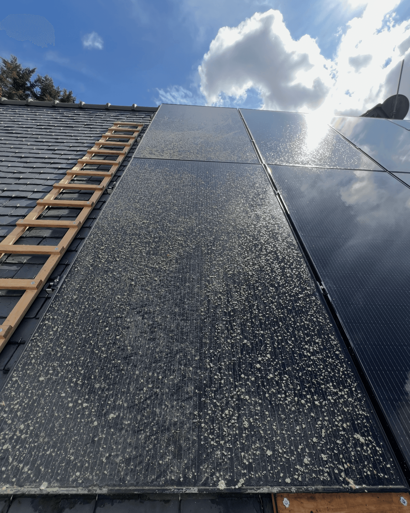 Dépôts sur les panneaux photovoltaïques d’une toiture en ardoises avant nettoyage